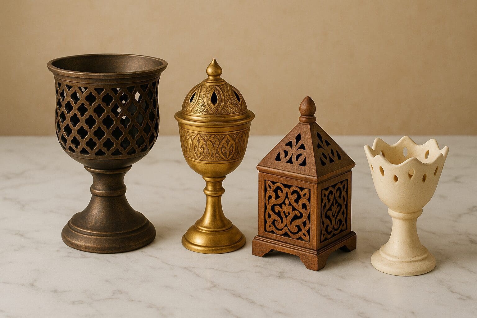 A collection of four ornate decorative vases on a marble surface.