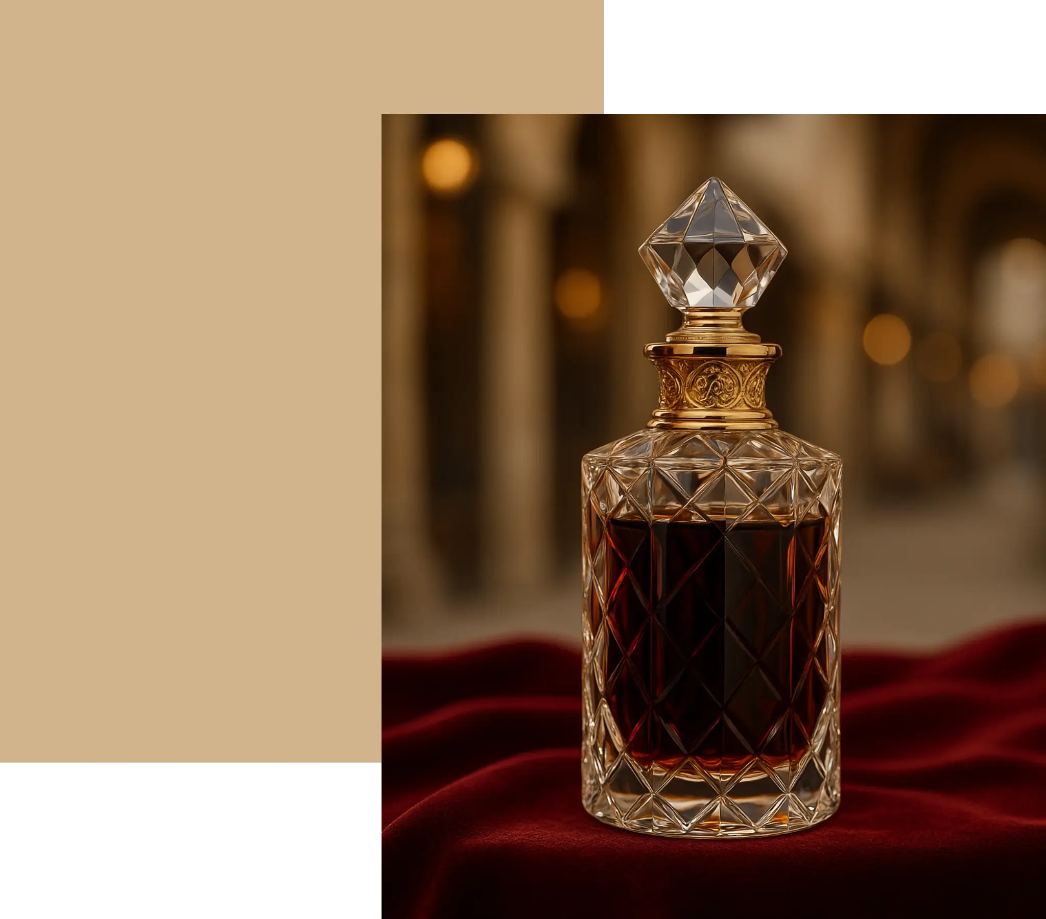 Elegant crystal decanter filled with dark liquid on velvet cloth.