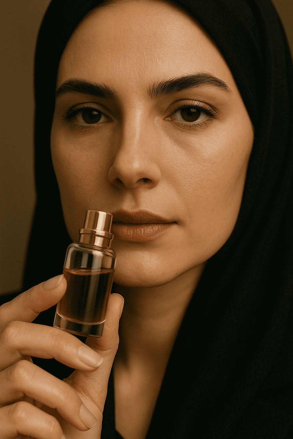 Woman smelling perfume from a bottle.