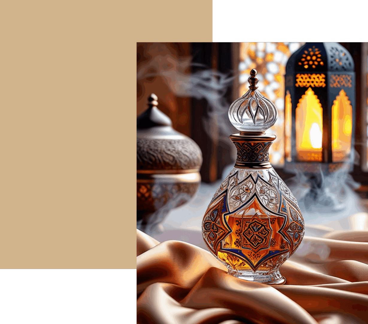 Elegant glass perfume bottle with intricate patterns, lit by warm lantern light.
