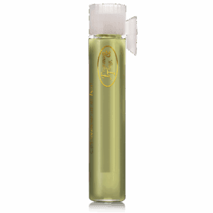 A small transparent vial with light green liquid and a white cap.