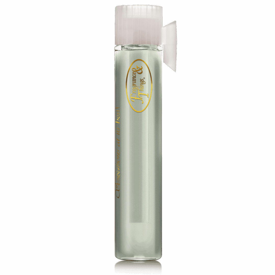 A tall, slim glass bottle with a light green liquid and white cap.