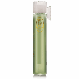 Green fragrance vial with white cap.