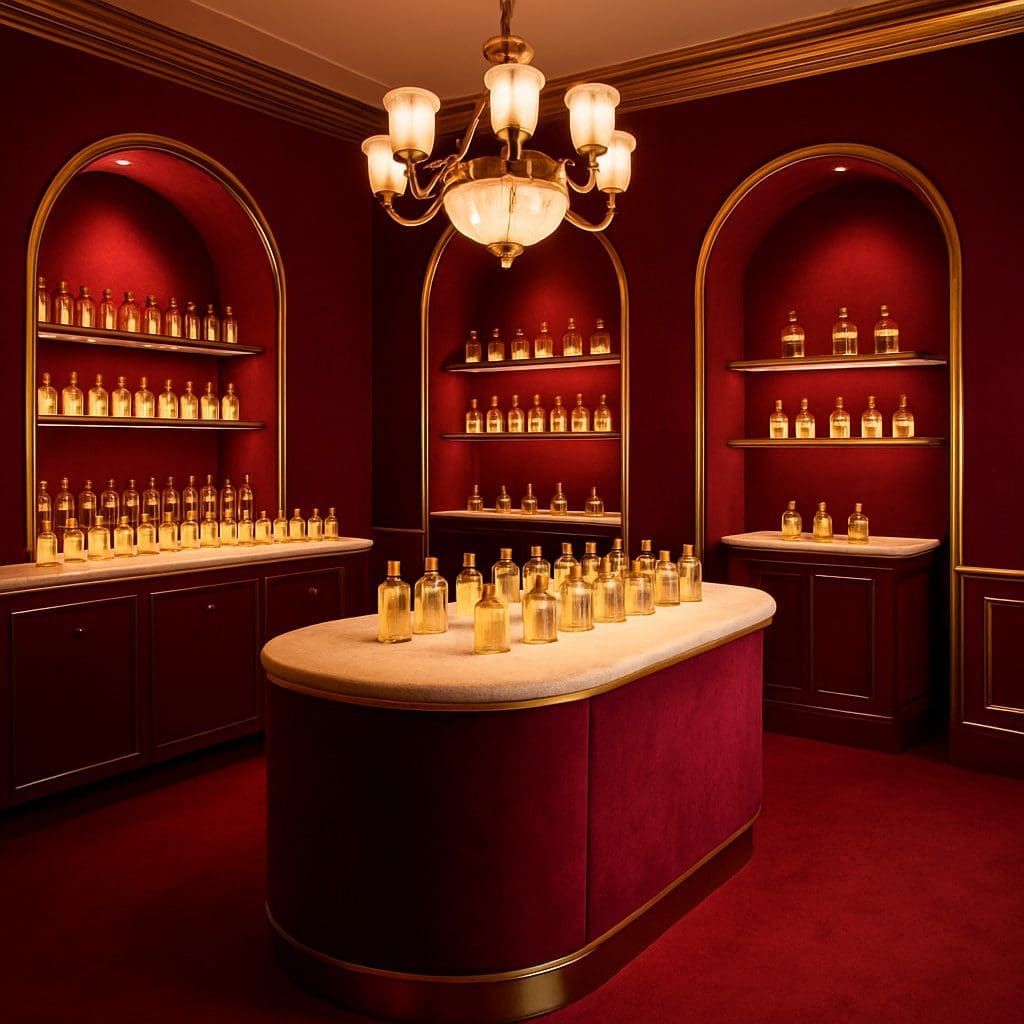 Luxurious room with dark red walls and illuminated shelves displaying elegant bottles.