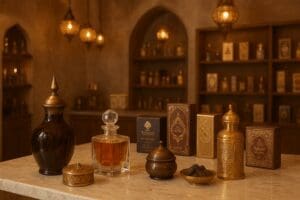 A collection of Middle Eastern perfume oils in full display