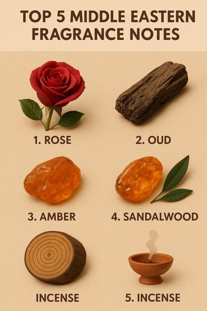 Infographic showing the top 5 Middle Eastern fragrance notes—rose, oud, amber, sandalwood, and incense—used in traditional Arabic perfumes.